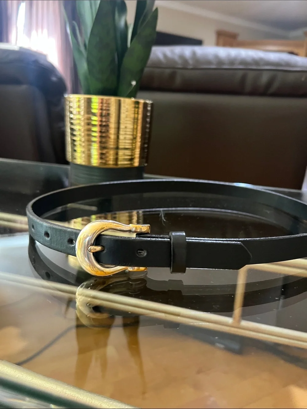 Classic Black Leather Belt with Gold Buckle